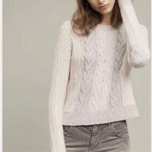 Anthropologie Sleeping on Snow M Cable Knit Pullover Sweater Gray Ivory $168